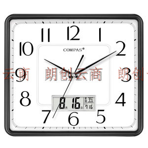 康巴丝 (Compas) 挂钟创意静音客厅钟表方形日历简约时钟居家办公挂表电子石英钟 C3201Y磨砂黑
