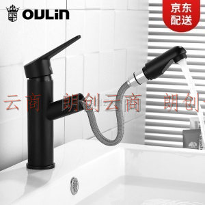 欧琳（OULIN）黑色烤漆加长伸缩水龙头 浴室抽拉式旋转冷热水面盆水龙头OLMPUC103