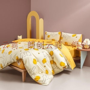 迪士尼(Disney) 床品套件 全棉四件套 纯棉卡通学生床单被套被罩单双人套件 维尼蜂蜜罐1.5m