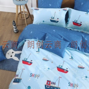 水星家纺 床上四件套纯棉 抗菌儿童卡通套件床单被罩被套 小海船 1.8m床（适配220×240cm被子）