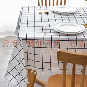 一居尚品 桌布防水防滑防烫餐桌布长方形台布桌垫网红非PVC定制北欧 白格子140*180cm流苏