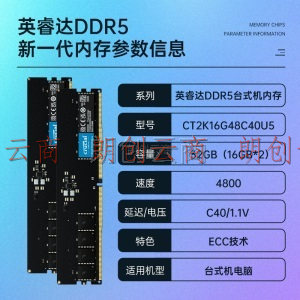 英睿达（Crucial）32GB（16GB×2）套装 DDR5 4800频率 台式机内存条 美光原厂颗粒