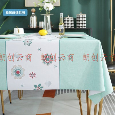 简美家 餐桌布防水放油长方形防烫桌垫圆形布艺防水pvc北欧茶几桌布140*180cm 青绿朵朵