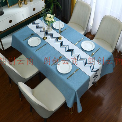 阿黎桌布 防水防油防烫免洗耐高温餐厅长形桌布 PVC桌垫 前程似锦蓝色