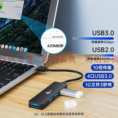 联想来酷 USB3.0分线器扩展坞高速4口HUB集线器笔记本电脑四合一多接口转换器转接头延长线LKP0601B
