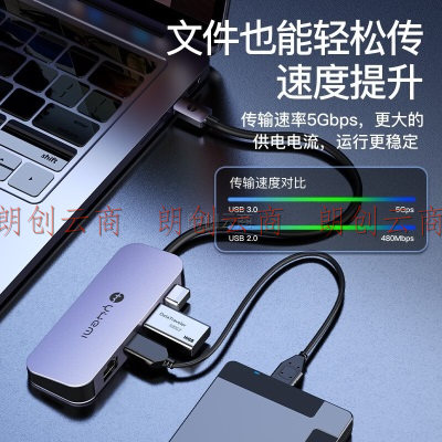 悦米USB3.0分线器转千兆网口转RJ45扩展坞笔记本电脑外置有线网卡转接头集线器小米生态四合一拓展坞转换器