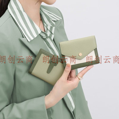 妙迪牛皮女式短款小钱包小清新二折折叠大钞夹零钱包卡包1698青绿-抽带版