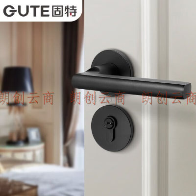 固特（GUTE）门锁室内家用房门锁卧室黑色门把手减音降噪分体锁哑黑色平开套装
