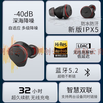 飞利浦（PHILIPS）真无线蓝牙耳机智能动态降噪HiFi音质运动游戏无线耳机TAA7507黑色