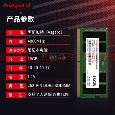 阿斯加特（Asgard）16GB DDR5 4800 笔记本内存条