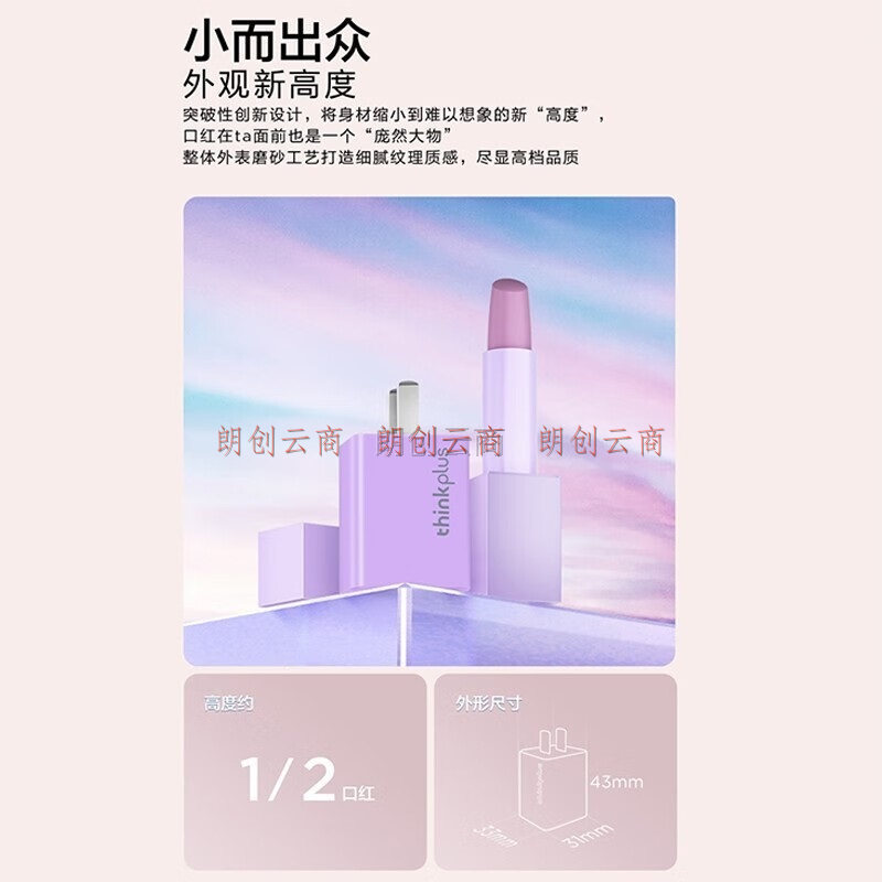 ThinkPad 联想thinkplus口红电源适配器65W氮化镓超轻薄便携笔记本华为手机平板充电器 快充电套装Type-c【紫色】